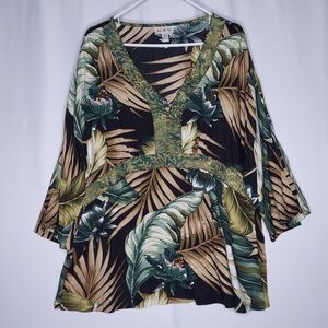 Ku-De-Ta Top Womens 2X Empire Waist V-neck Sequin Beaded Tropical Kimono Coastal